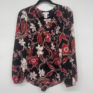 Cupcakes and Cashmere Black Red Floral Blouse XS Long Sleeve Chiffon